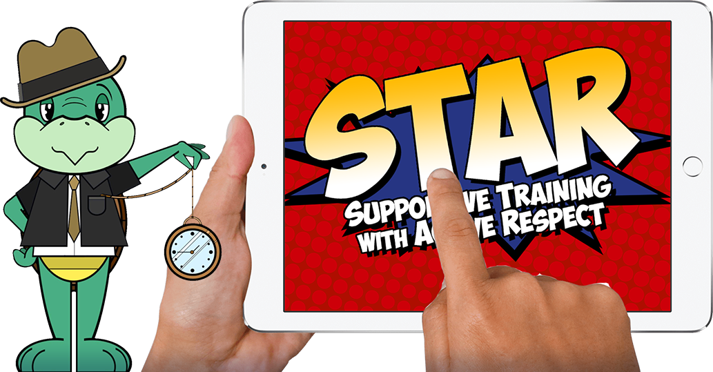 Graphic of the STAR tortoise holding a timepiece and a close-up of an iPad being held.
